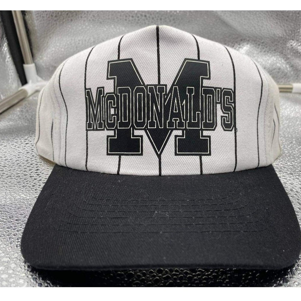 Vintage McDonalds Pinstripe Snapback Hat Mens OS‎ White Black Baseball Cap Promo